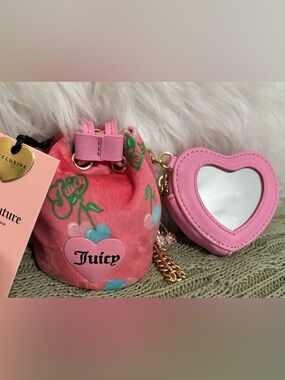 NWT Juicy Couture Plushy Pink Velvet Cherry Drawstring Charm Bag w/ Heart Mirror